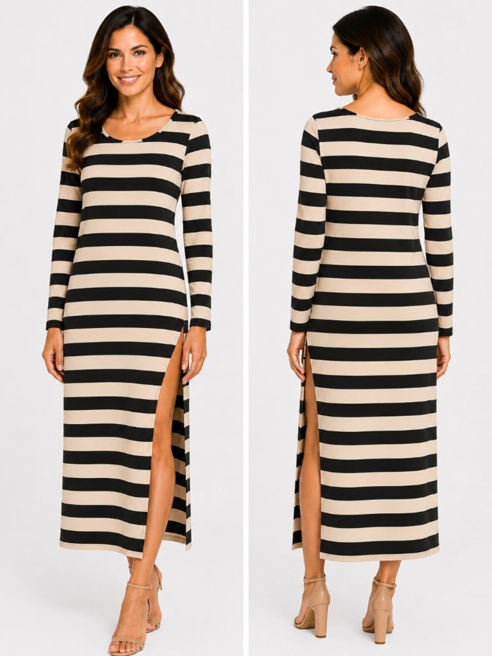 Joel Black Cream Striped Long Sleeve Maxi Dress